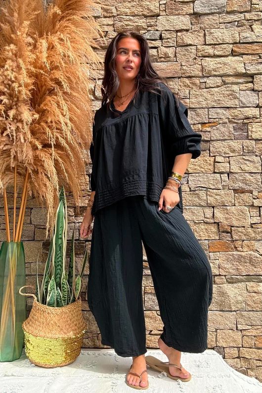Annie Cushion Cotton Barrel Culotte Pant Black